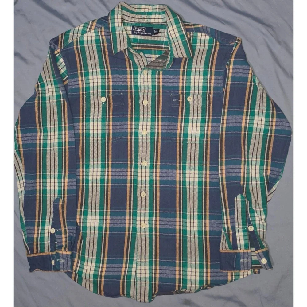 Polo Ralph Lauren Blue/Green Button Up Flannel Shirt Plaid Workshirt Sz XL